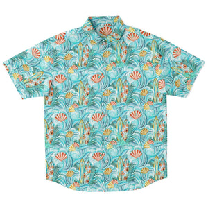 Men's Short Sleeve Button Shirt - Surfboard Seashell Teal