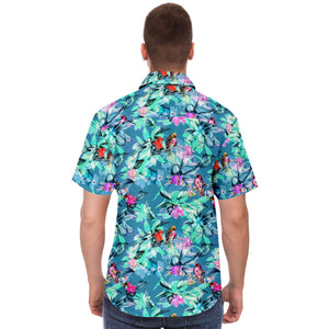 Men's Short Sleeve Button Shirt - Teal Floral Birds