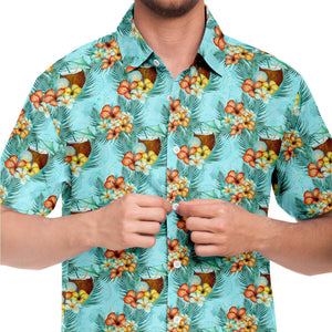 Men's Short Sleeve Button Shirt - Tropical Coconuts Teal
