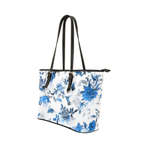 Small Leather Tote - Blue Floral Birds