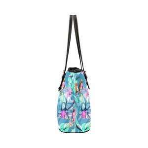 Large Leather Tote - Teal Floral Birds
