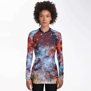 Women's Long Sleeve Rashguard - Geometric Galaxy Fire