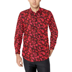 Men's Long Sleeve Button Shirt - Red Floral Birds