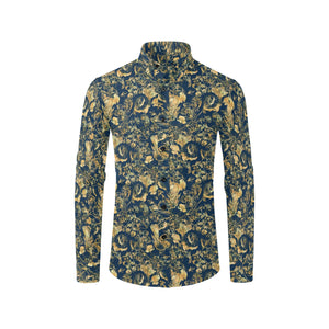 Men's Long Sleeve Button Shirt - Luxury Golden Foliage Navy