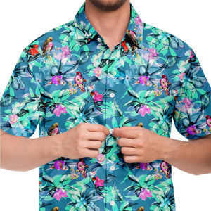Men's Short Sleeve Button Shirt - Teal Floral Birds