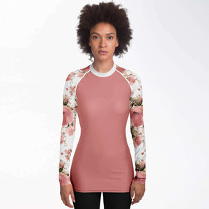 Women's Long Sleeve Rashguard - Peach Floral Day Solid