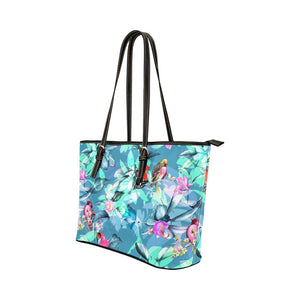 Large Leather Tote - Teal Floral Birds
