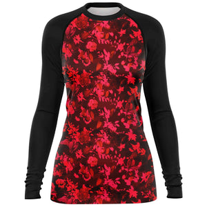 Women's Long Sleeve Rashguard - Red Floral Birds Solid 2.0