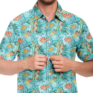Men's Short Sleeve Button Shirt - Surfboard Seashell Teal