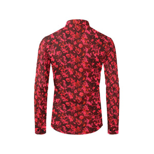 Men's Long Sleeve Button Shirt - Red Floral Birds