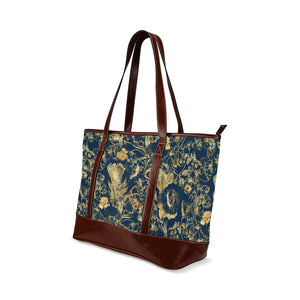 Tote Handbag - Luxury Golden Foliage Navy