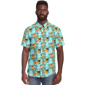Men's Short Sleeve Button Shirt - Tropical Coconuts Teal