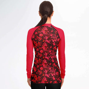 Women's Long Sleeve Rashguard - Red Floral Birds Solid