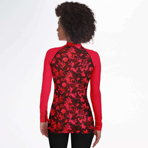 Women's Long Sleeve Rashguard - Red Floral Birds Solid