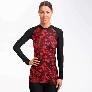 Women's Long Sleeve Rashguard - Red Floral Birds Solid 2.0