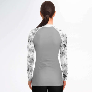 Women's Long Sleeve Rashguard - Gray Floral Day Solid